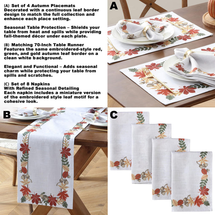 Home Bargains Plus Red Green and Gold Bordered Leaves Fabric Holiday Dining Tablecloth, Napkins, Placemats and Table Runner
