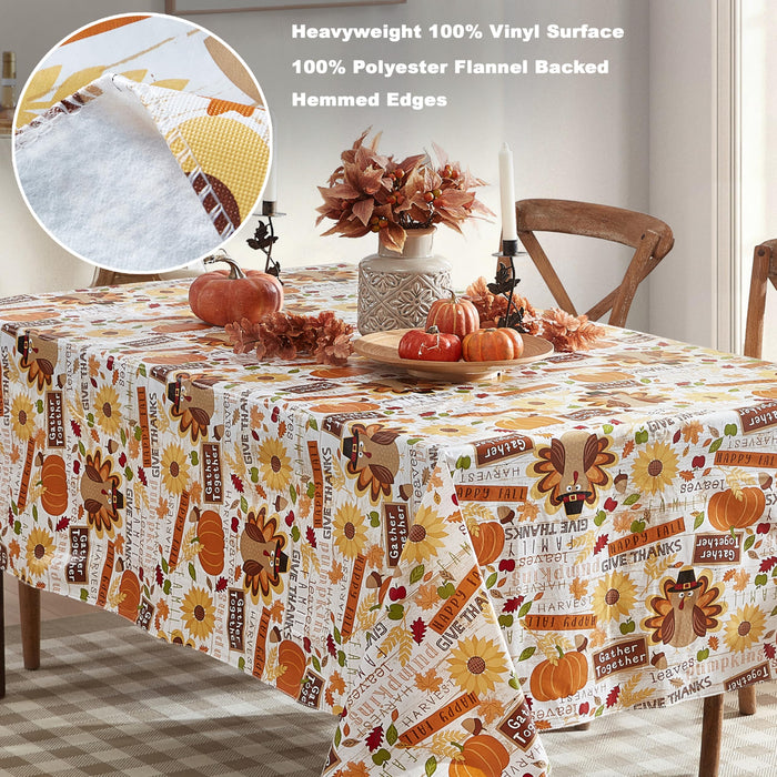 Happy Thanksgiving Turkey Vinyl Flannel Backed Tablecloth, Whimsical Fall Harvest by Newbridge