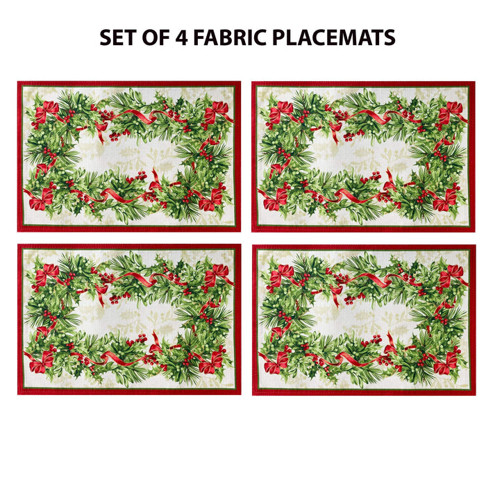 Newbridge Holly Ribbon Traditions Bordered Christmas Fabric Tablecloth, Boughs of Holly and Berry Ribbon Garland Print Easy Care Tablecloths and Napkins