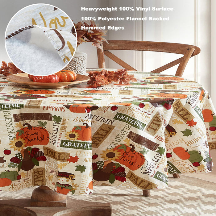 Fall Hayride and Happy Scarecrow Thanksgiving Vinyl Flannel Backed Tablecloth, Gingham Turkeys and Pumpkin by Newbridge