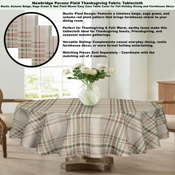 Pocono Plaid Thanksgiving Tablecloth, Farmhouse Green & Rust, Stain Repellent