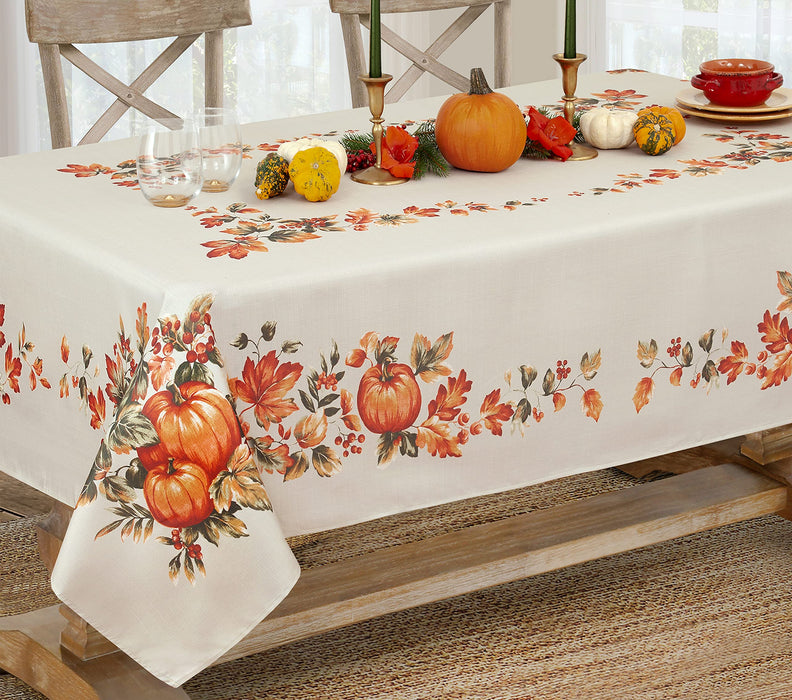 Thanksgiving Traditions Autumn Harvest Tablecloth, Fall Leaves & Pumpkin Border