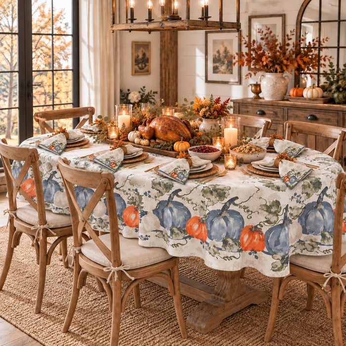 Blue Pumpkin Vines Stone Washed Thanksgiving Fabric Tablecloth, Napkins & Placemats