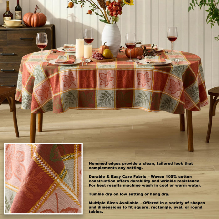 Whispering Leaves Rust Orange Green Plaid Thanksgiving Tablecloth, Woven Fabric