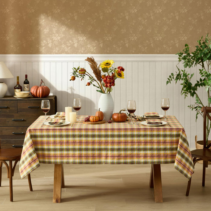 Wheatfield Golden Yellow Plaid Cotton Tablecloth for Fall & Thanksgiving