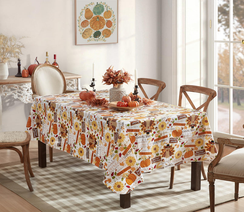 Happy Thanksgiving Turkey Vinyl Flannel Backed Tablecloth, Whimsical Fall Harvest by Newbridge