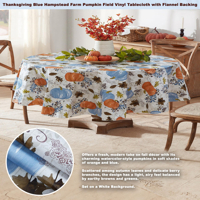 Blue Hampstead Farm Pumpkin Field Autumn and Thanksgiving Vinyl Flannel Back Tablecloth by Newbridge
