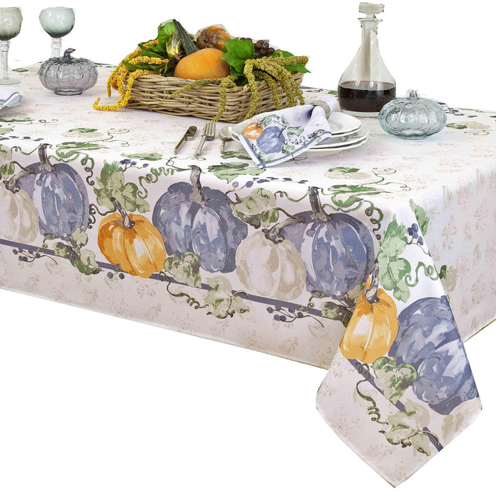 Blue Pumpkin Vines Stone Washed Thanksgiving Fabric Tablecloth, Napkins & Placemats