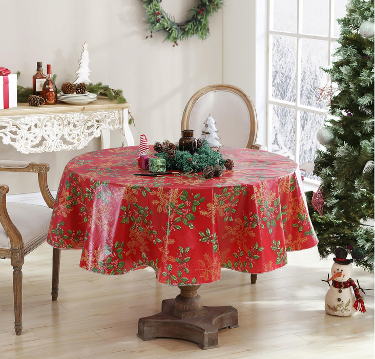 Newbridge Red Golden Holly Christmas Vinyl Tablecloth with Flannel Backing, Metallic Gold Holly & Berry Print, Wipe Clean Easy Care Table Cover