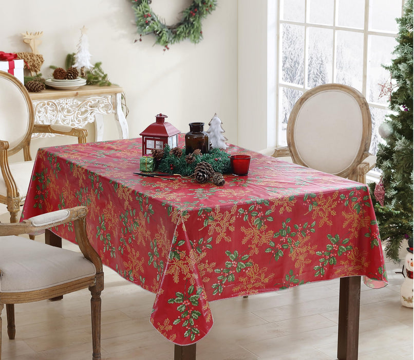 Newbridge Red Golden Holly Christmas Vinyl Tablecloth with Flannel Backing, Metallic Gold Holly & Berry Print, Wipe Clean Easy Care Table Cover