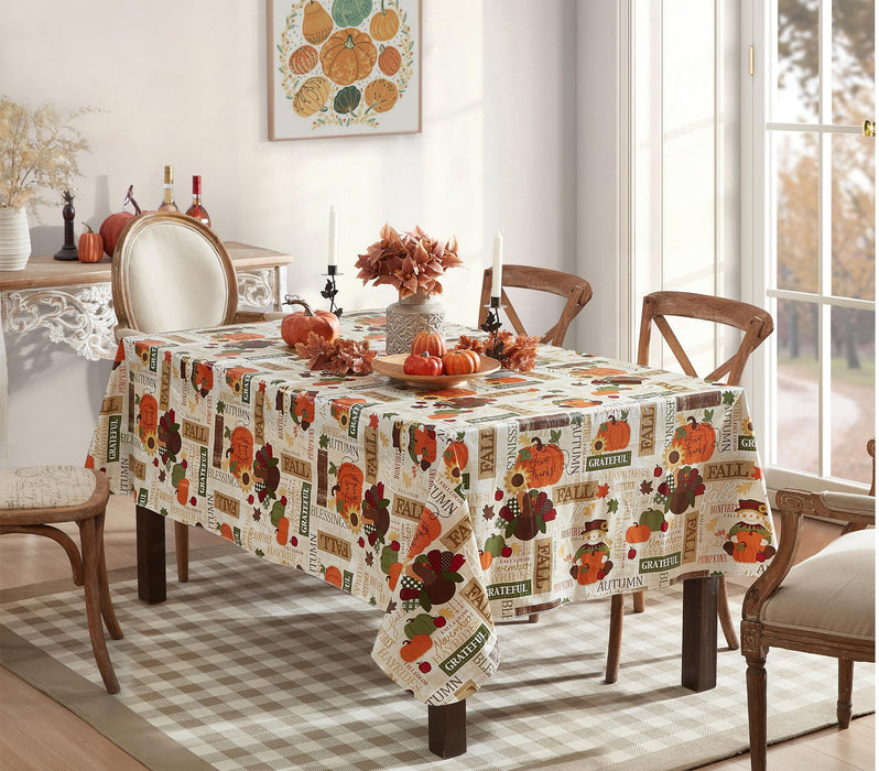 Fall Hayride and Happy Scarecrow Thanksgiving Vinyl Flannel Backed Tablecloth, Gingham Turkeys and Pumpkin by Newbridge