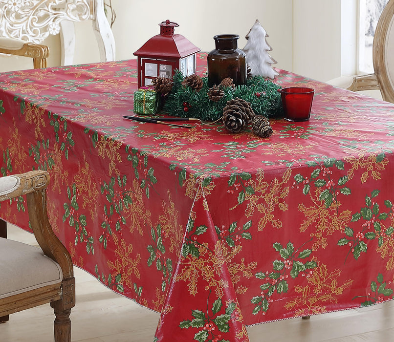 Newbridge Red Golden Holly Christmas Vinyl Tablecloth with Flannel Backing, Metallic Gold Holly & Berry Print, Wipe Clean Easy Care Table Cover
