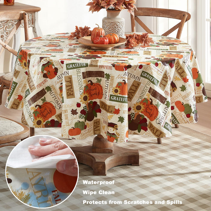 Fall Hayride and Happy Scarecrow Thanksgiving Vinyl Flannel Backed Tablecloth, Gingham Turkeys and Pumpkin by Newbridge