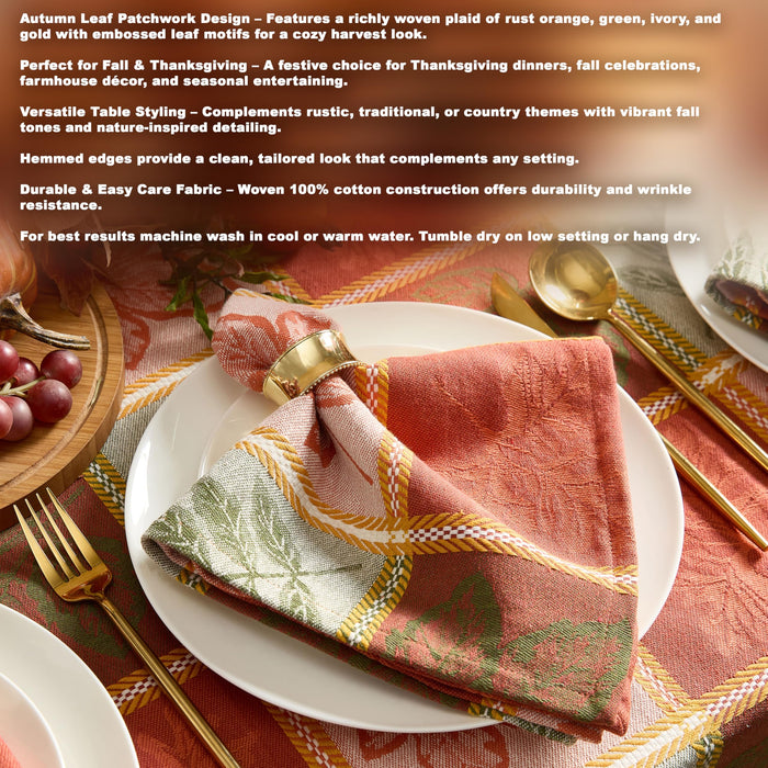 Whispering Leaves Rust Orange Green Plaid Thanksgiving Tablecloth, Woven Fabric