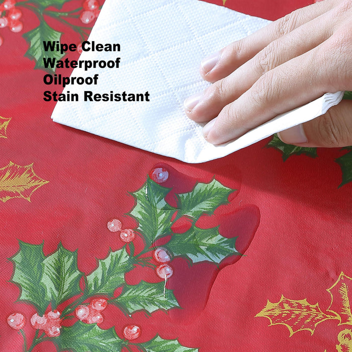 Newbridge Red Golden Holly Christmas Vinyl Tablecloth with Flannel Backing, Metallic Gold Holly & Berry Print, Wipe Clean Easy Care Table Cover