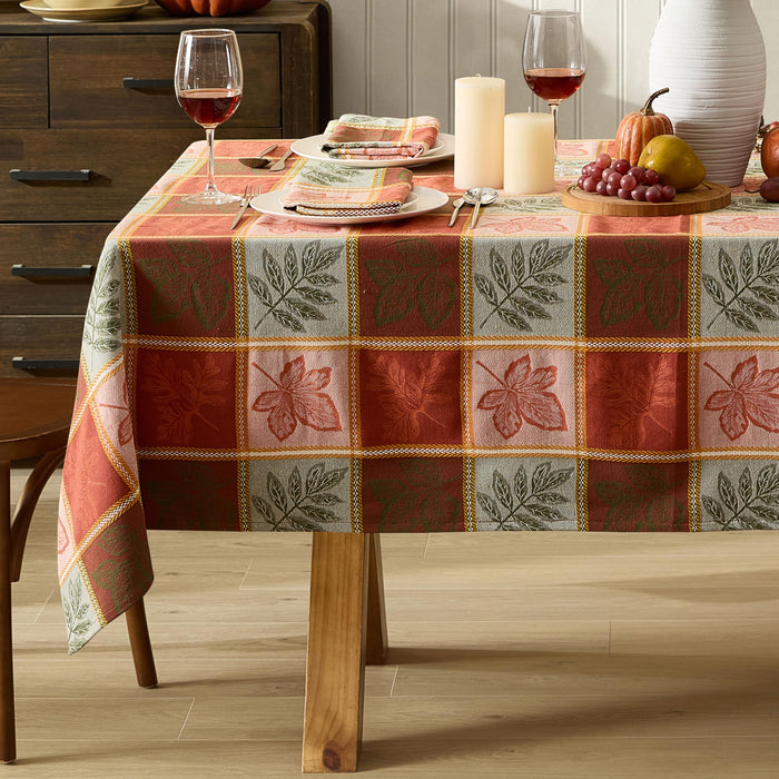 Whispering Leaves Rust Orange Green Plaid Thanksgiving Tablecloth, Woven Fabric