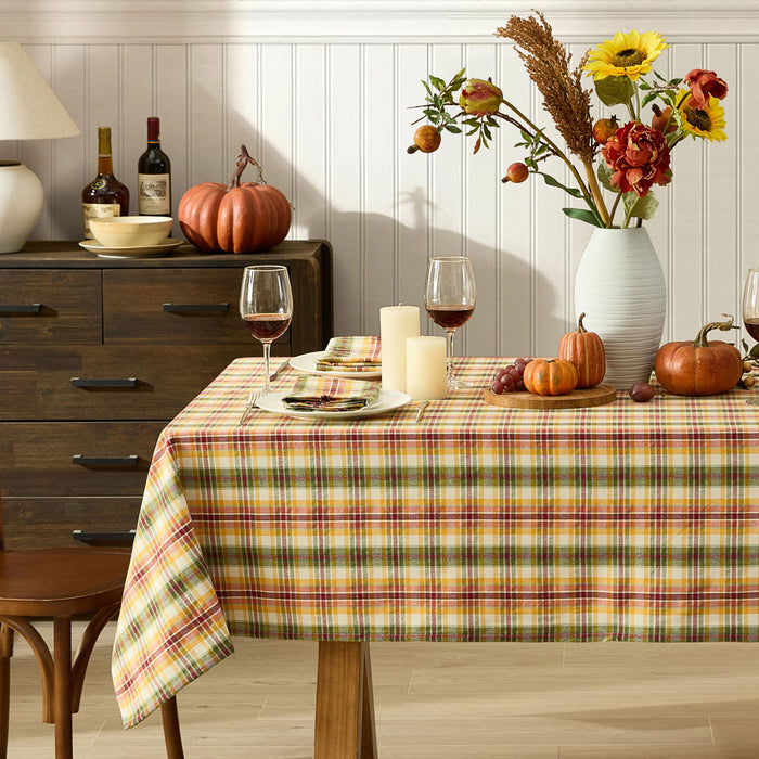 Wheatfield Golden Yellow Plaid Cotton Tablecloth for Fall & Thanksgiving