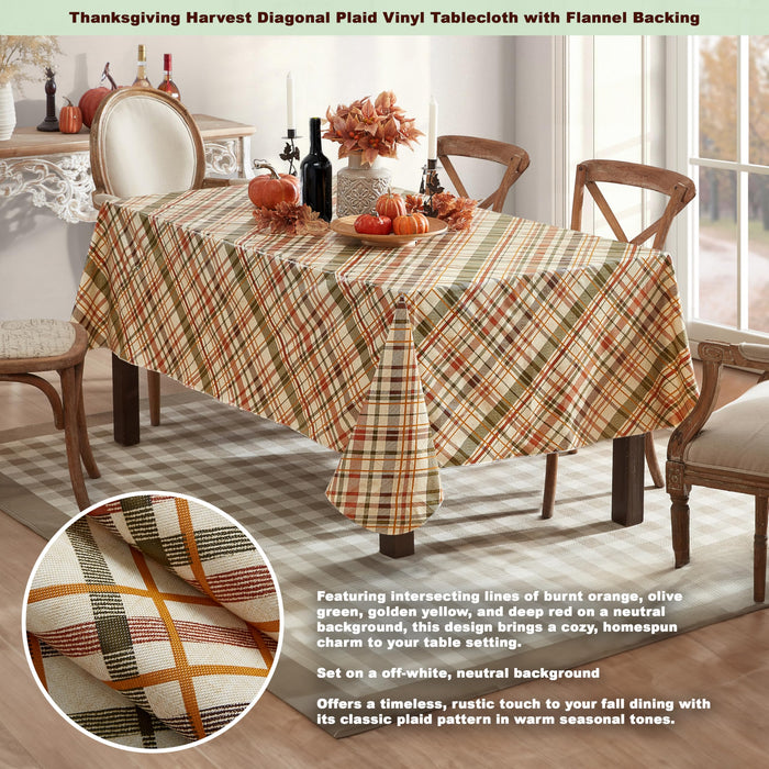 Harvest Diagonal Plaid Contemporary Autumn and Thanksgiving Vinyl Flannel Backed Tablecloth by Newbridge