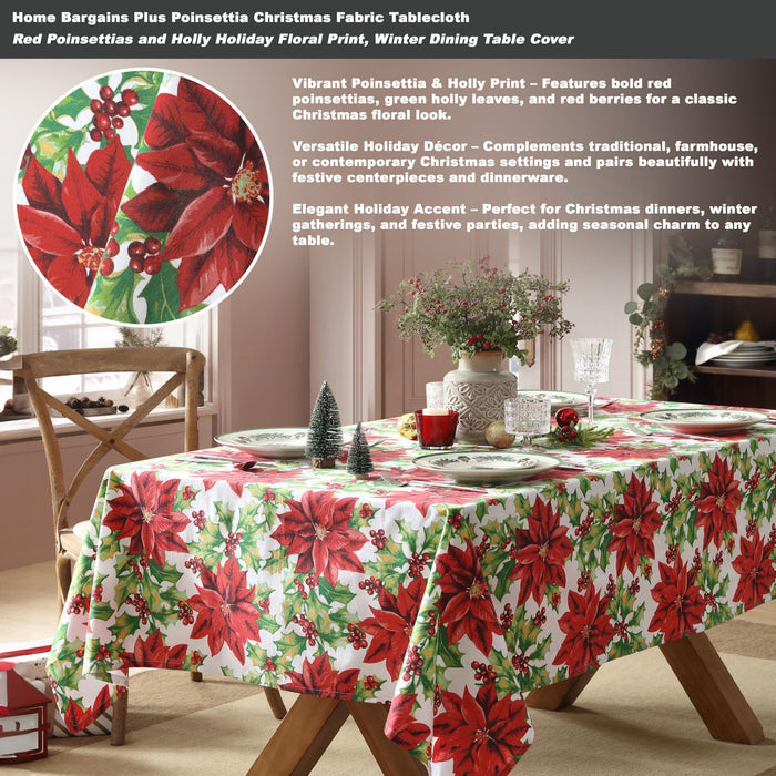 Home Bargains Plus Poinsettia Christmas Fabric Tablecloth, Red Poinsettias and Holly Holiday Floral Print, Winter Dining Table Cover, Holiday Table Decoration