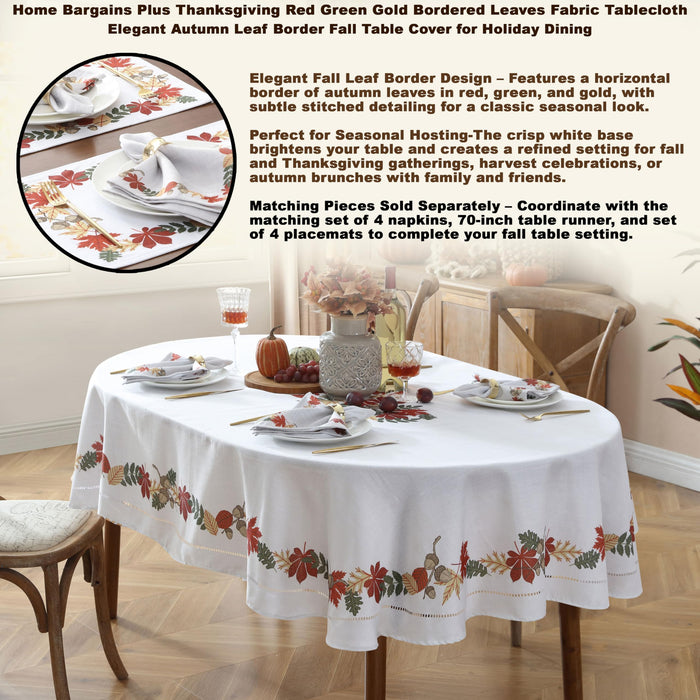 Home Bargains Plus Red Green and Gold Bordered Leaves Fabric Holiday Dining Tablecloth, Napkins, Placemats and Table Runner