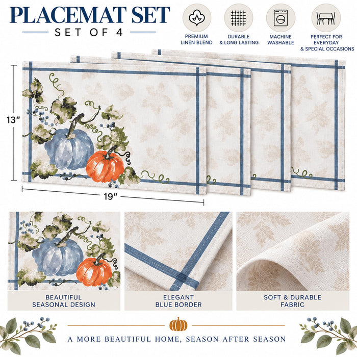 Blue Pumpkin Vines Stone Washed Thanksgiving Fabric Tablecloth, Napkins & Placemats