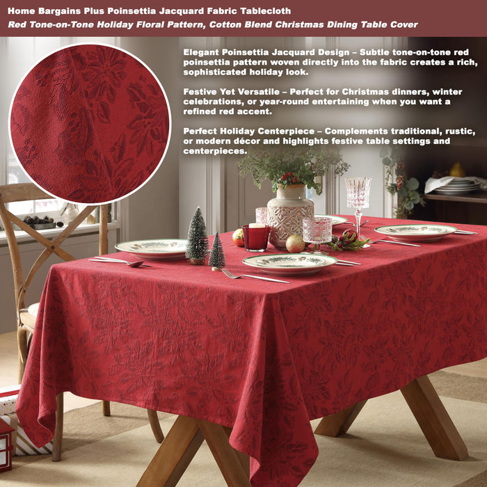 Home Bargains Plus Poinsettia Jacquard Fabric Tablecloth, Red Tone-on-Tone Holiday Floral Pattern, Cotton Blend Christmas Table Cover for Winter Dining
