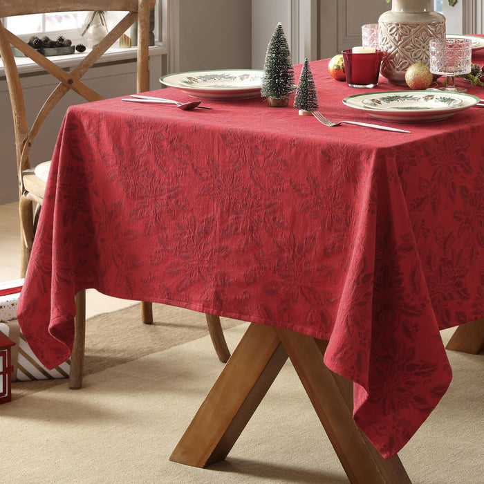 Home Bargains Plus Poinsettia Jacquard Fabric Tablecloth, Red Tone-on-Tone Holiday Floral Pattern, Cotton Blend Christmas Table Cover for Winter Dining