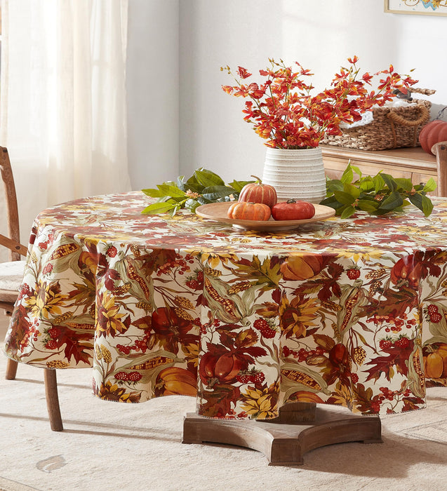 Fall Days Bountiful Harvest Vinyl Flannel Backed Tablecloth - Autumn Leaves, Sunflowers, Corn and Pumpkin Thanksgiving Vinyl Tablecloth by Newbridge
