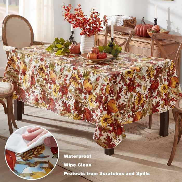 Fall Days Bountiful Harvest Vinyl Flannel Backed Tablecloth - Autumn Leaves, Sunflowers, Corn and Pumpkin Thanksgiving Vinyl Tablecloth by Newbridge