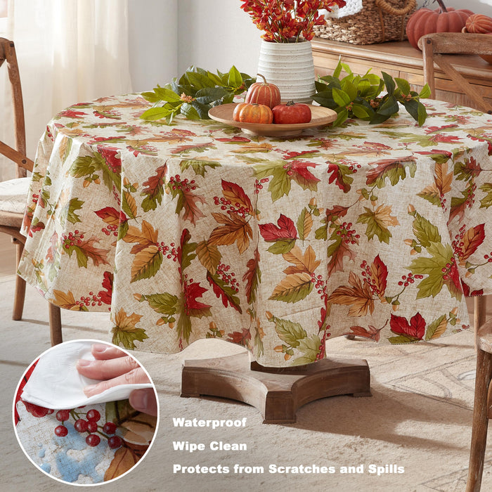 Rustic Fall Acorn and Leaf Print Autumn Vinyl Flannel Backed Tablecloth, Thanksgiving Autumn Leaves by Newbridge