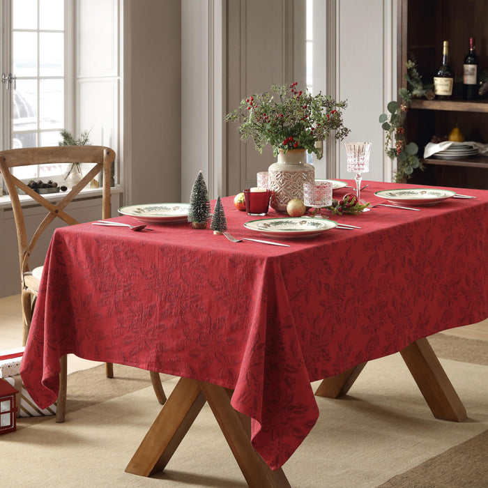 Home Bargains Plus Poinsettia Jacquard Fabric Tablecloth, Red Tone-on-Tone Holiday Floral Pattern, Cotton Blend Christmas Table Cover for Winter Dining