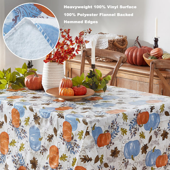 Blue Hampstead Farm Pumpkin Field Autumn and Thanksgiving Vinyl Flannel Back Tablecloth by Newbridge