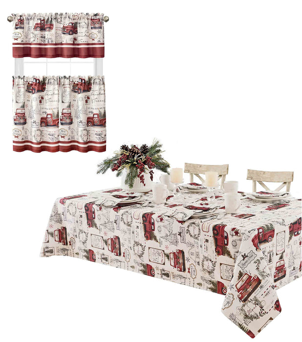 Newbridge Christmas Pine Hill Tree Farm Fabric Tablecloth, Nostalgic Retro Holiday Country Farm Truck No Iron and Stain Resistant Table Cover, Napkins, Placemats and Table Runners for Party, Banquet