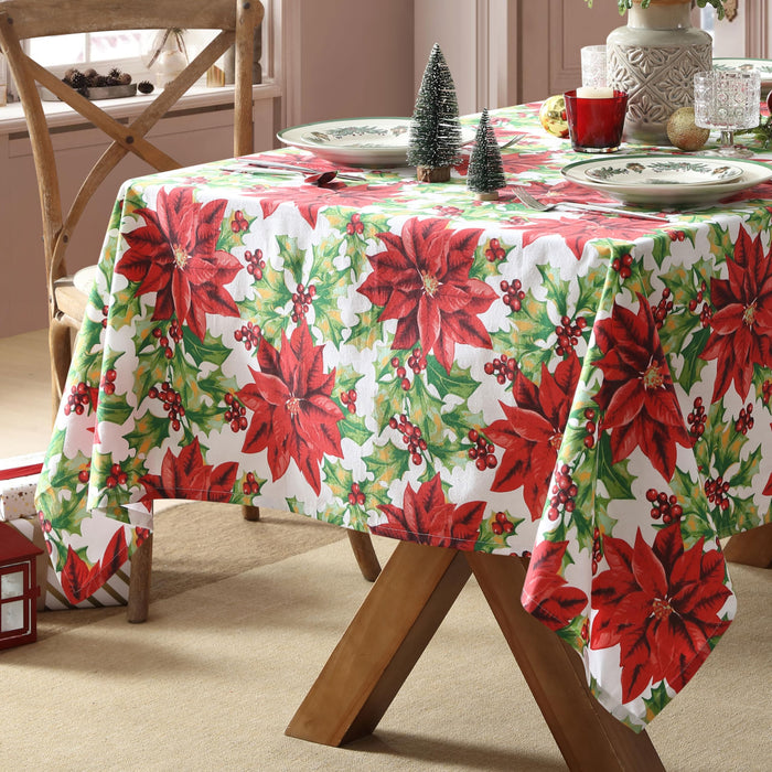 Home Bargains Plus Poinsettia Christmas Fabric Tablecloth, Red Poinsettias and Holly Holiday Floral Print, Winter Dining Table Cover, Holiday Table Decoration
