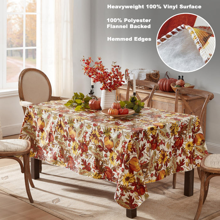 Fall Days Bountiful Harvest Vinyl Flannel Backed Tablecloth - Autumn Leaves, Sunflowers, Corn and Pumpkin Thanksgiving Vinyl Tablecloth by Newbridge