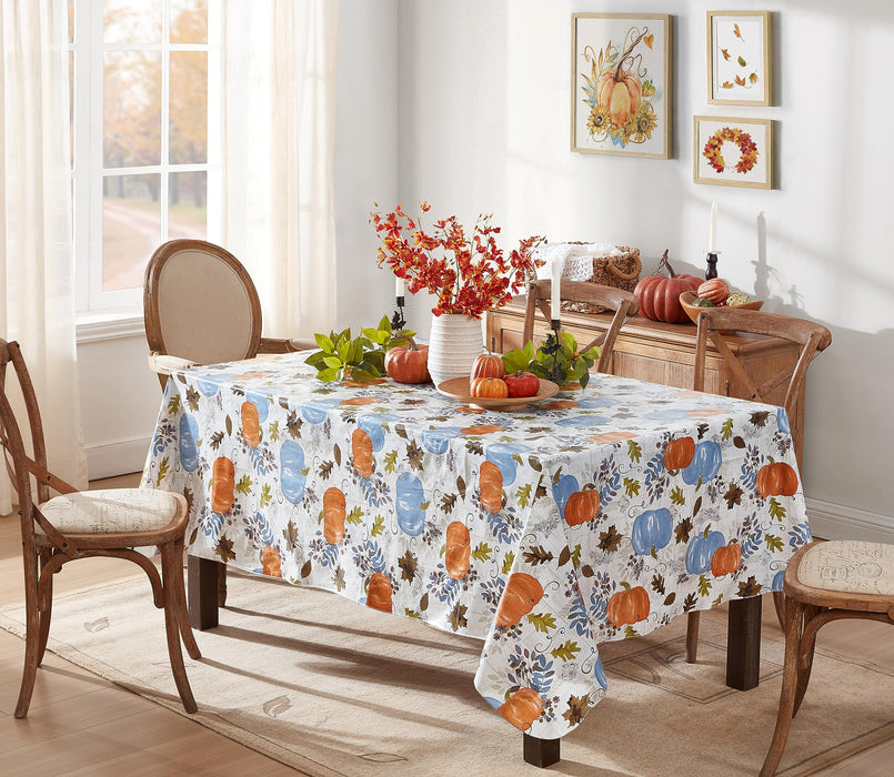 Blue Hampstead Farm Pumpkin Field Autumn and Thanksgiving Vinyl Flannel Back Tablecloth by Newbridge