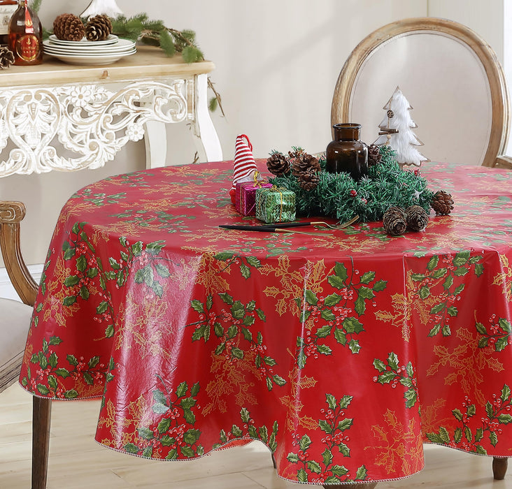 Newbridge Red Golden Holly Christmas Vinyl Tablecloth with Flannel Backing, Metallic Gold Holly & Berry Print, Wipe Clean Easy Care Table Cover