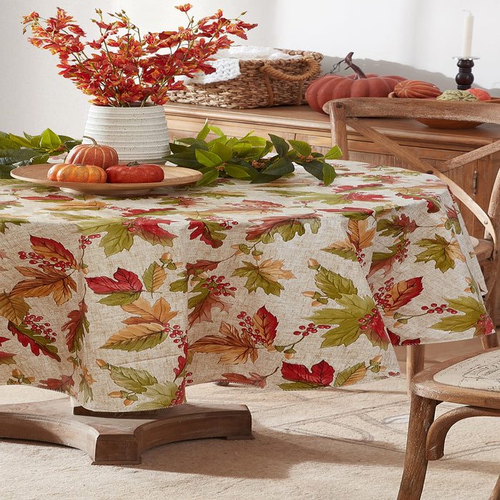 Rustic Fall Acorn and Leaf Print Autumn Vinyl Flannel Backed Tablecloth, Thanksgiving Autumn Leaves by Newbridge