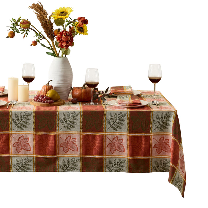 Whispering Leaves Rust Orange Green Plaid Thanksgiving Tablecloth, Woven Fabric