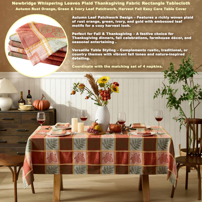 Whispering Leaves Rust Orange Green Plaid Thanksgiving Tablecloth, Woven Fabric