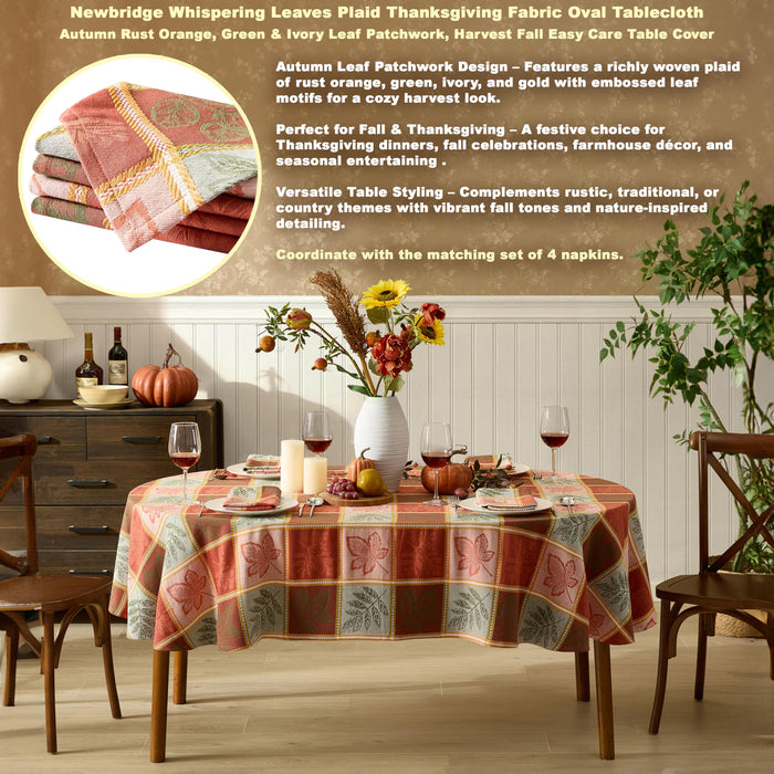 Whispering Leaves Rust Orange Green Plaid Thanksgiving Tablecloth, Woven Fabric
