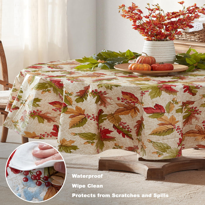 Rustic Fall Acorn and Leaf Print Autumn Vinyl Flannel Backed Tablecloth, Thanksgiving Autumn Leaves by Newbridge