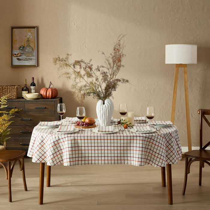 Home Bargains Plus Thanksgiving Hilton Plaid Fabric Tablecloth, Red Taupe Cream Woven Gingham Check Harvest Easy Care Cotton Blend Table Cover and Napkin
