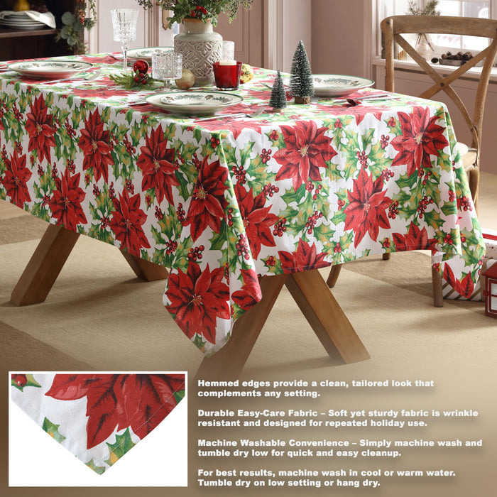 Home Bargains Plus Poinsettia Christmas Fabric Tablecloth, Red Poinsettias and Holly Holiday Floral Print, Winter Dining Table Cover, Holiday Table Decoration