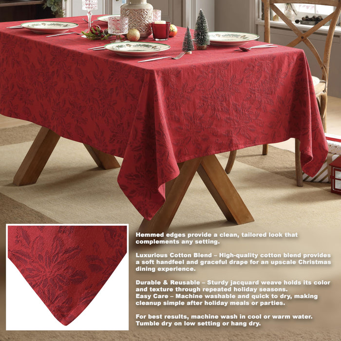 Home Bargains Plus Poinsettia Jacquard Fabric Tablecloth, Red Tone-on-Tone Holiday Floral Pattern, Cotton Blend Christmas Table Cover for Winter Dining