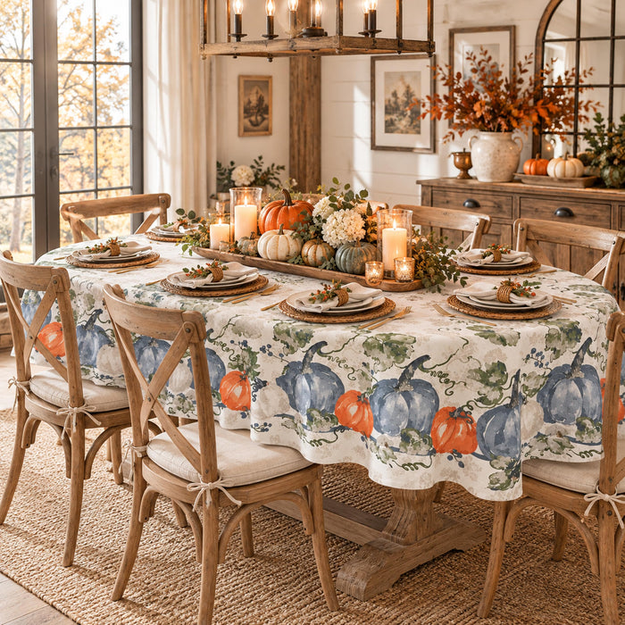 Blue Pumpkin Vines Stone Washed Thanksgiving Fabric Tablecloth, Napkins & Placemats