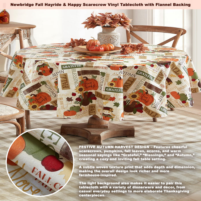 Fall Hayride and Happy Scarecrow Thanksgiving Vinyl Flannel Backed Tablecloth, Gingham Turkeys and Pumpkin by Newbridge