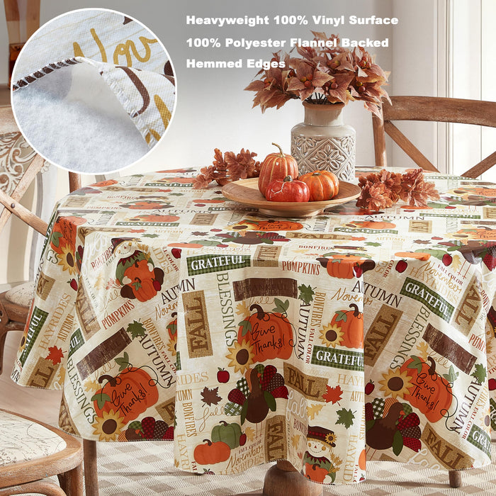 Fall Hayride and Happy Scarecrow Thanksgiving Vinyl Flannel Backed Tablecloth, Gingham Turkeys and Pumpkin by Newbridge