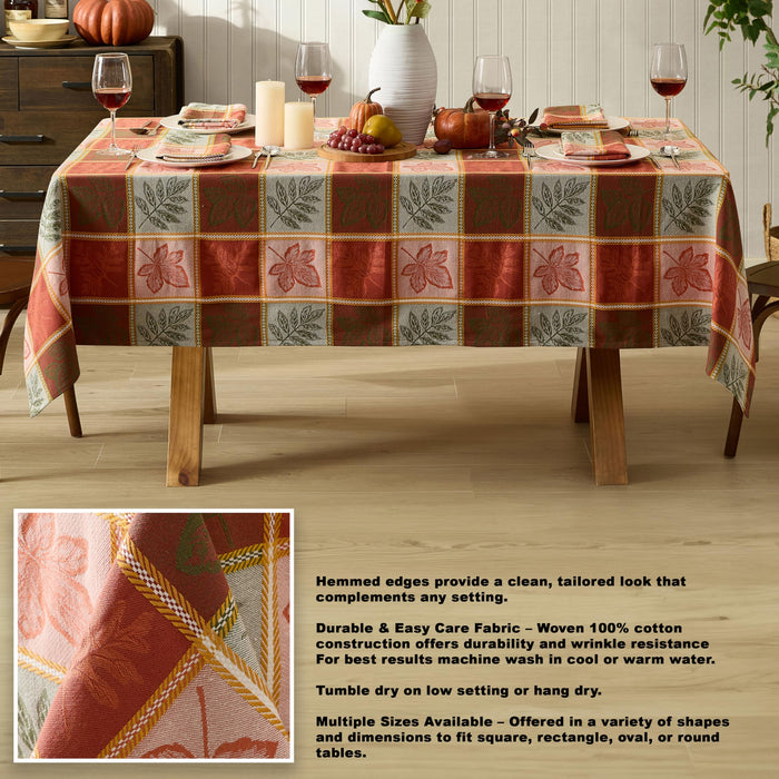 Whispering Leaves Rust Orange Green Plaid Thanksgiving Tablecloth, Woven Fabric