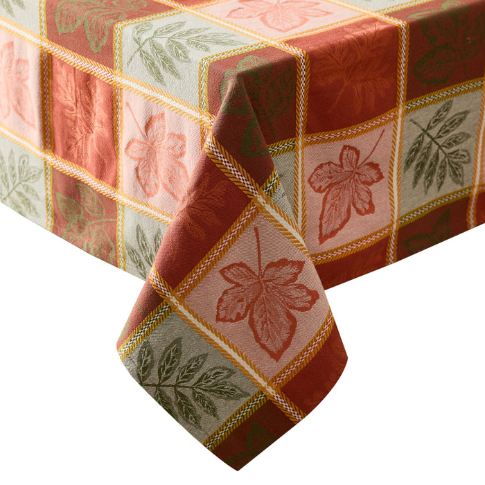 Whispering Leaves Rust Orange Green Plaid Thanksgiving Tablecloth, Woven Fabric